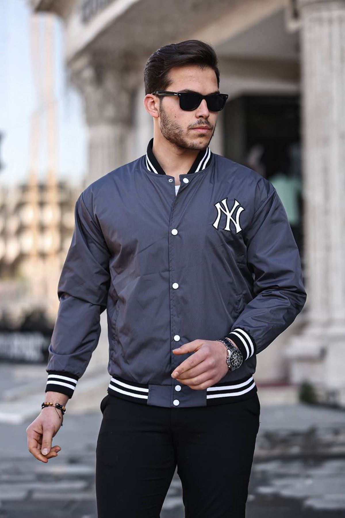 Erkek Baskılı Çıtçıtlı Füme Kolej Rüzgarlık & Yağmurluk