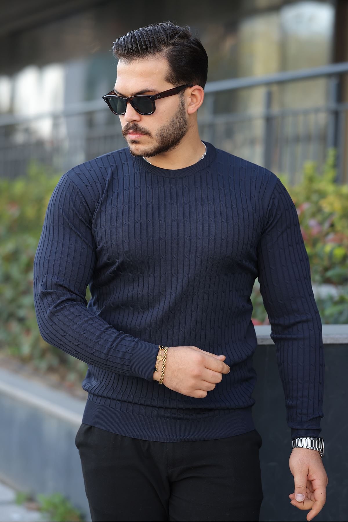 Erkek Bisiklet Yaka Uzun Kollu Lacivert Triko Kazak