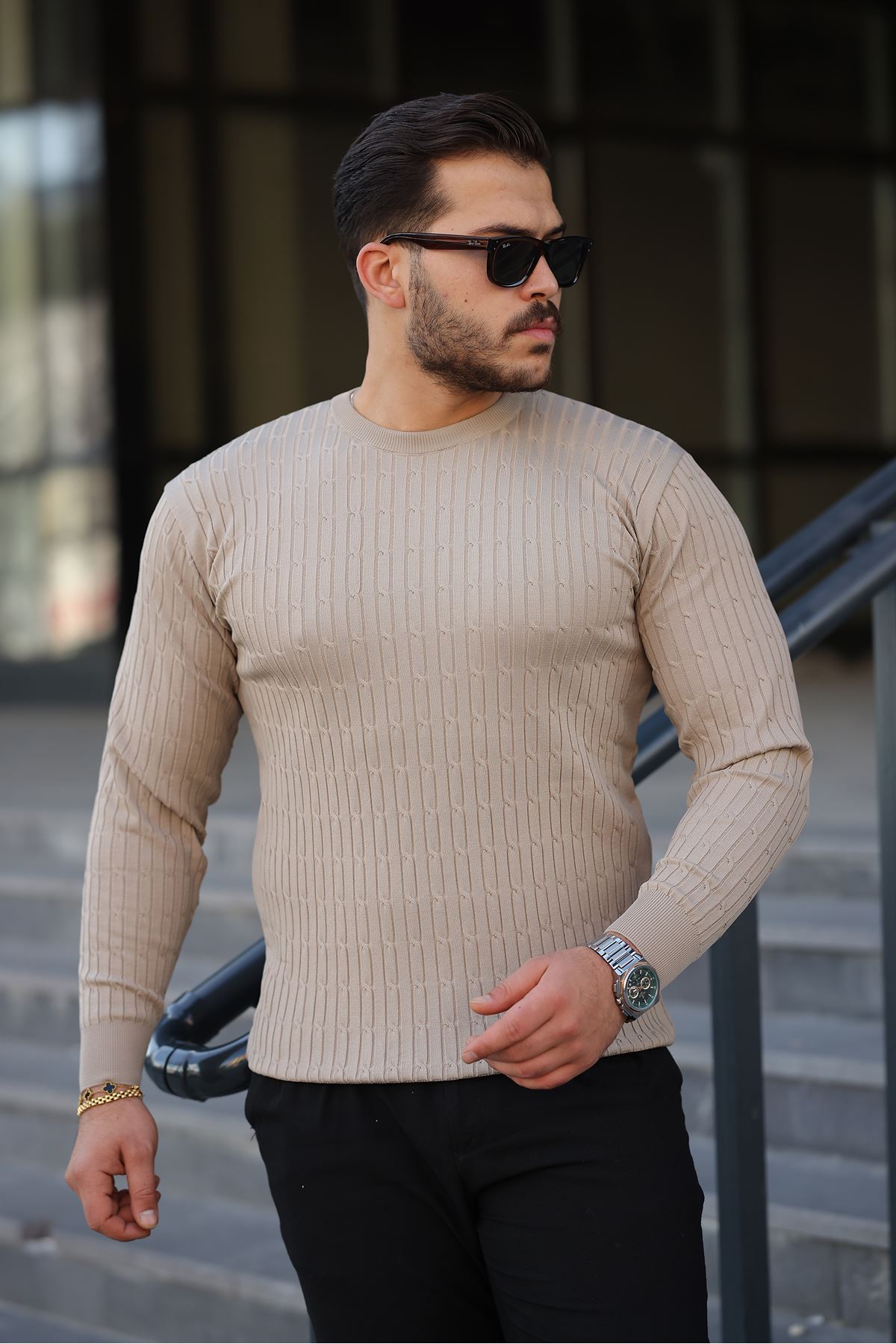 Erkek Bisiklet Yaka Uzun Kollu Taş Triko Kazak