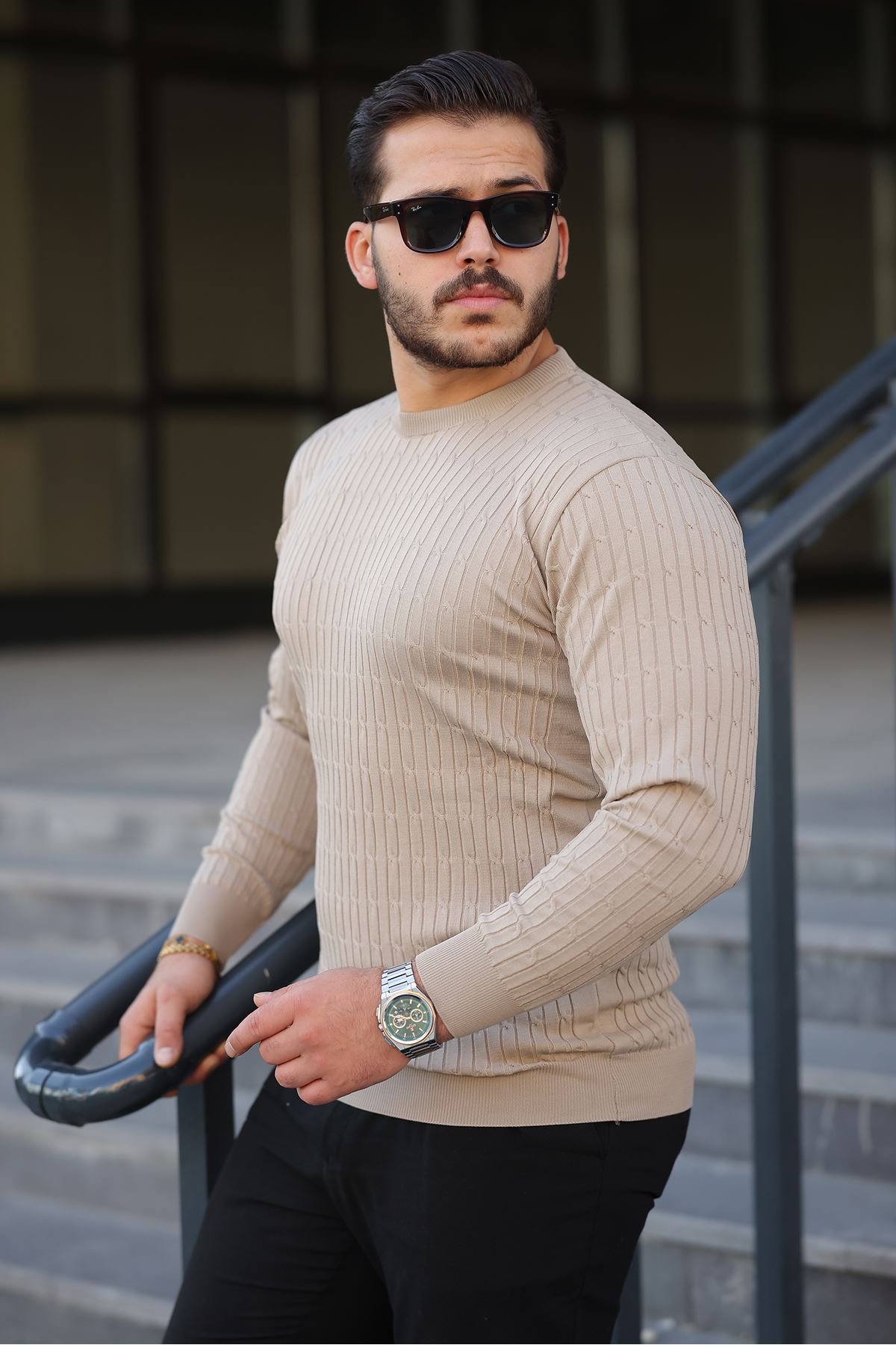 Erkek Bisiklet Yaka Uzun Kollu Taş Triko Kazak