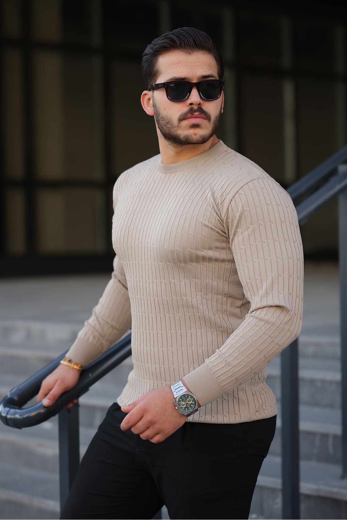 Erkek Bisiklet Yaka Uzun Kollu Taş Triko Kazak