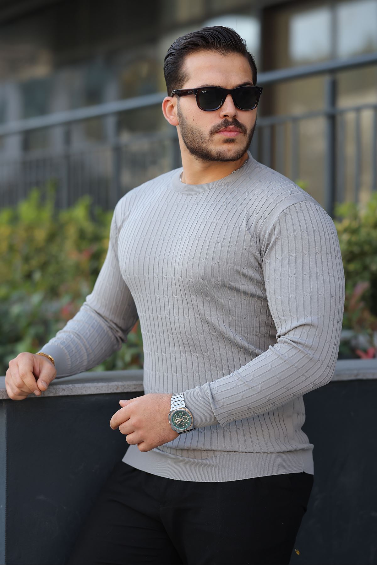 Erkek Bisiklet Yaka Uzun Kollu Gri Triko Kazak