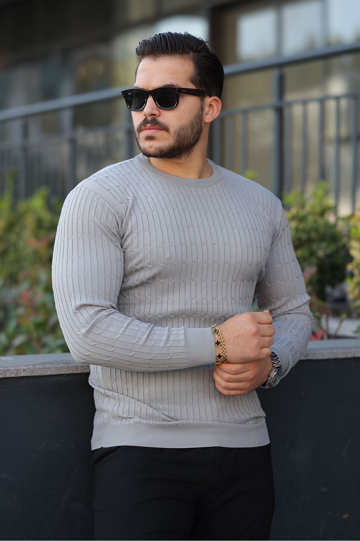 Erkek Bisiklet Yaka Uzun Kollu Gri Triko Kazak