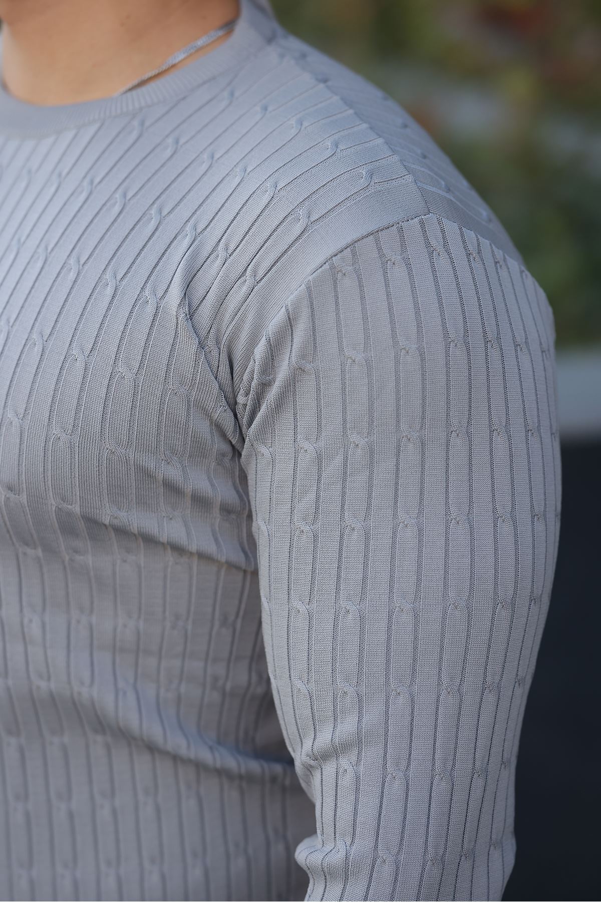 Erkek Bisiklet Yaka Uzun Kollu Gri Triko Kazak