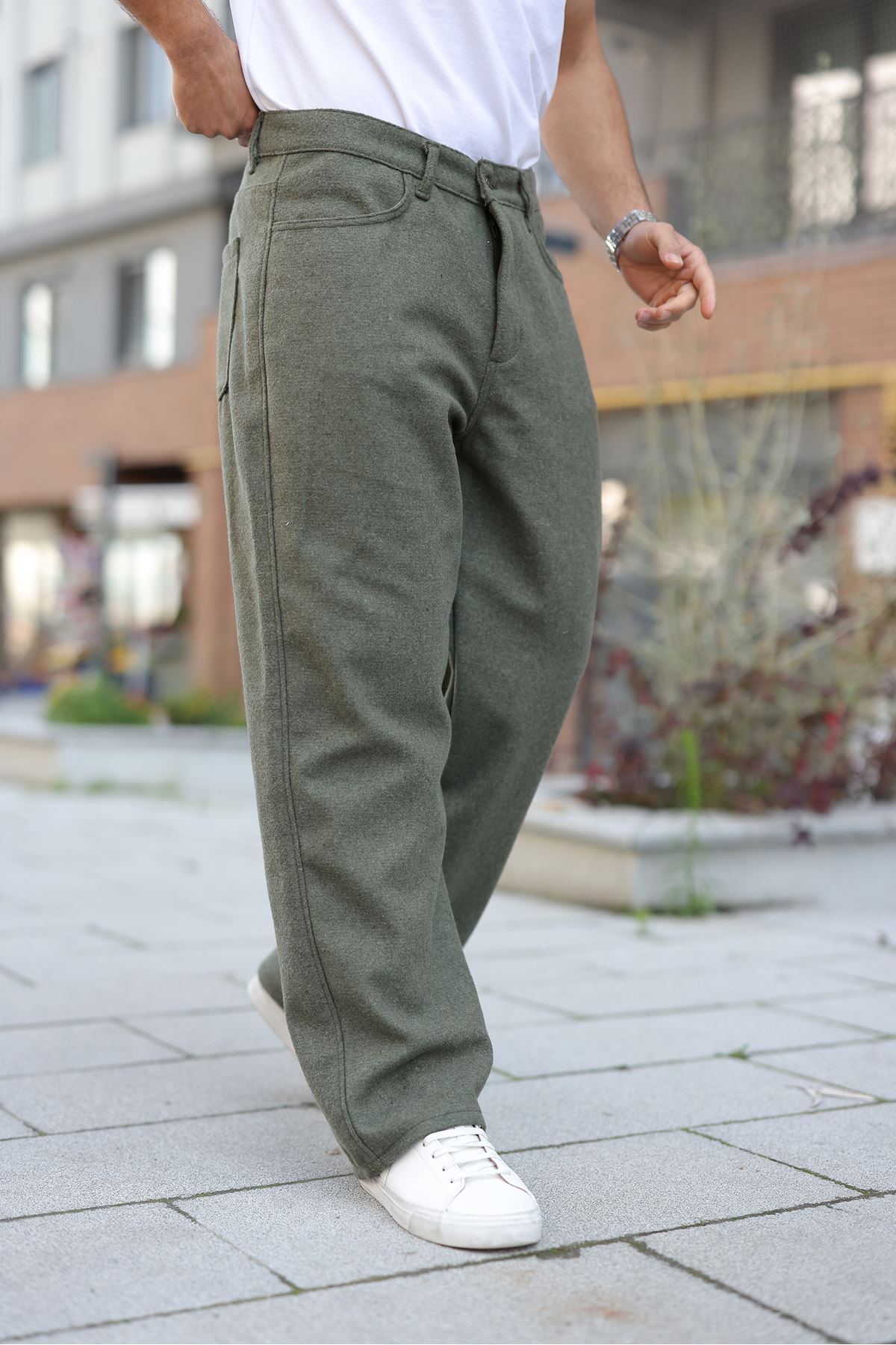 Erkek Yüksek Bel Bol Paça Günlük Haki Baggy Pantolon