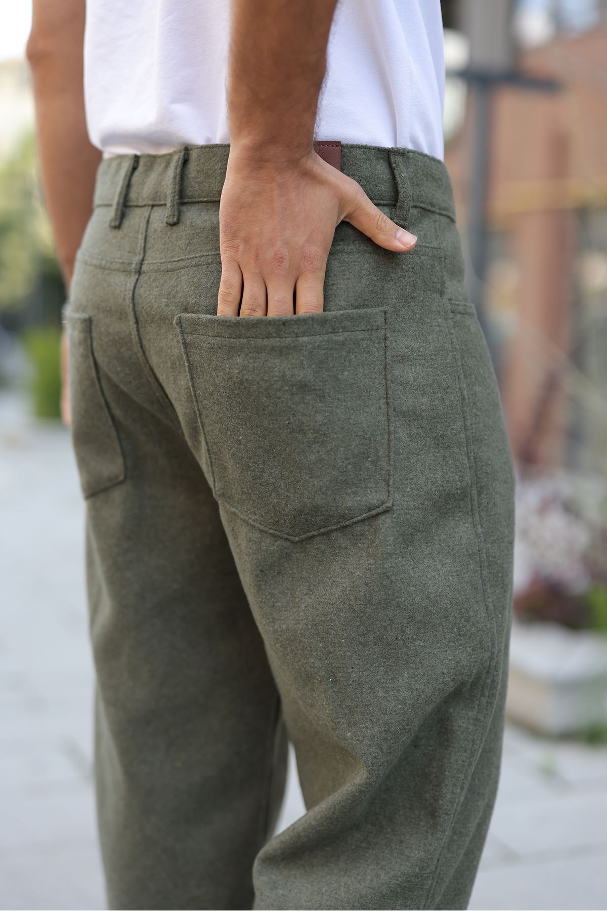 Erkek Yüksek Bel Bol Paça Günlük Haki Baggy Pantolon