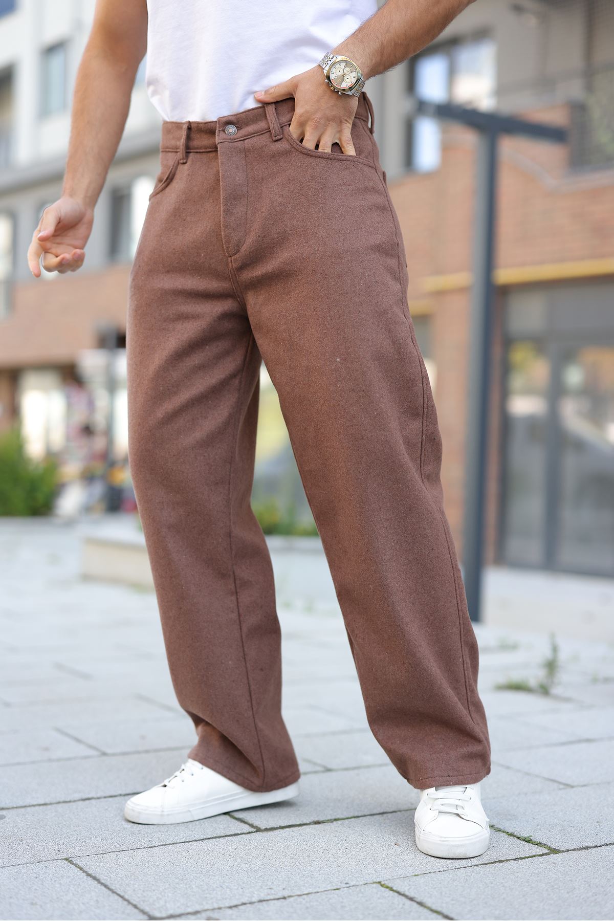 Erkek Yüksek Bel Bol Paça Günlük Kahve Baggy Pantolon