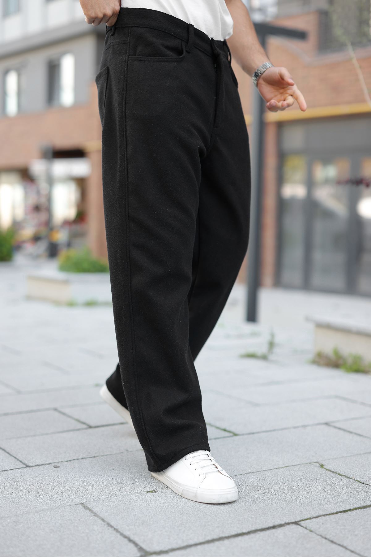 Erkek Yüksek Bel Bol Paça Günlük Siyah Baggy Pantolon