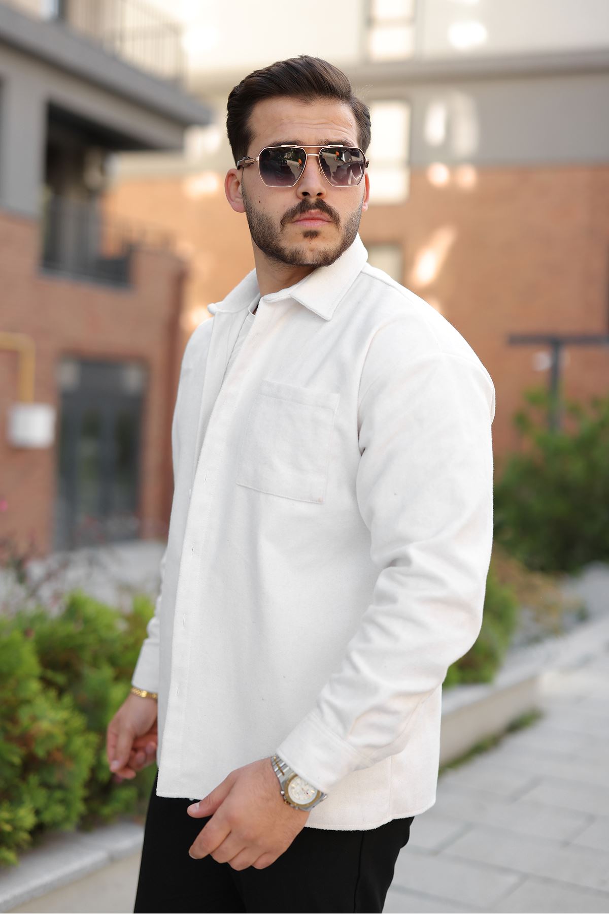 Erkek Kışlık Günlük Basic Oduncu Beyaz Kaşe Ceket