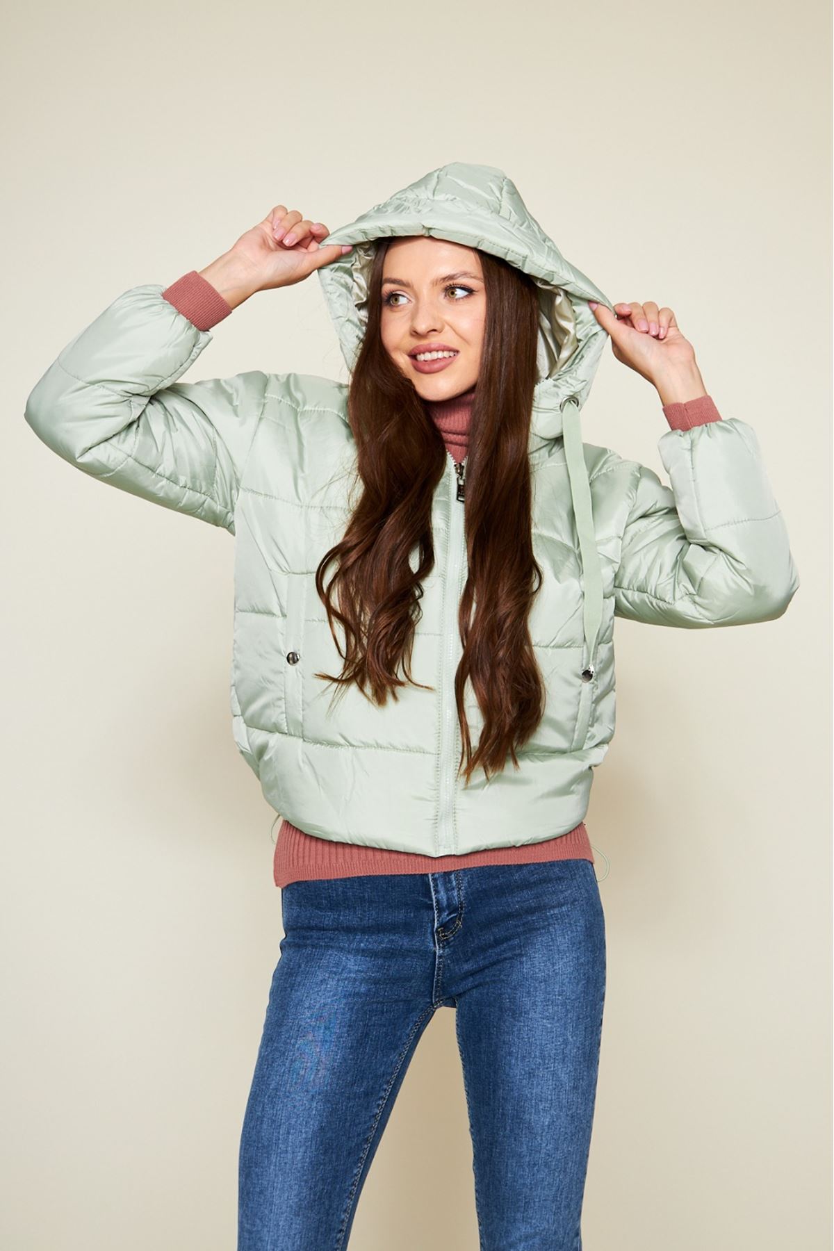 Kadın Kışlık Cepli Basic Kapüşonlu Mint Şişme Mont
