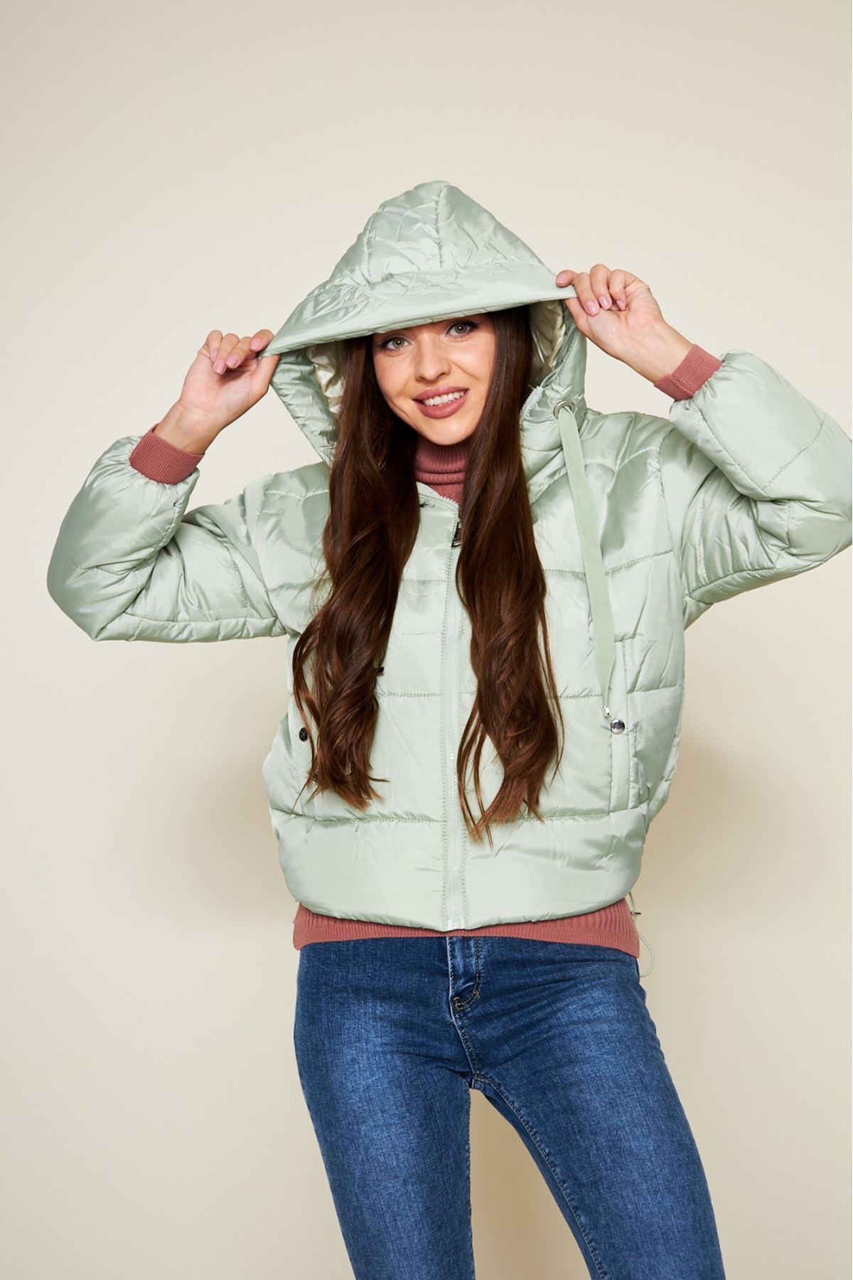 Kadın Kışlık Cepli Basic Kapüşonlu Mint Şişme Mont