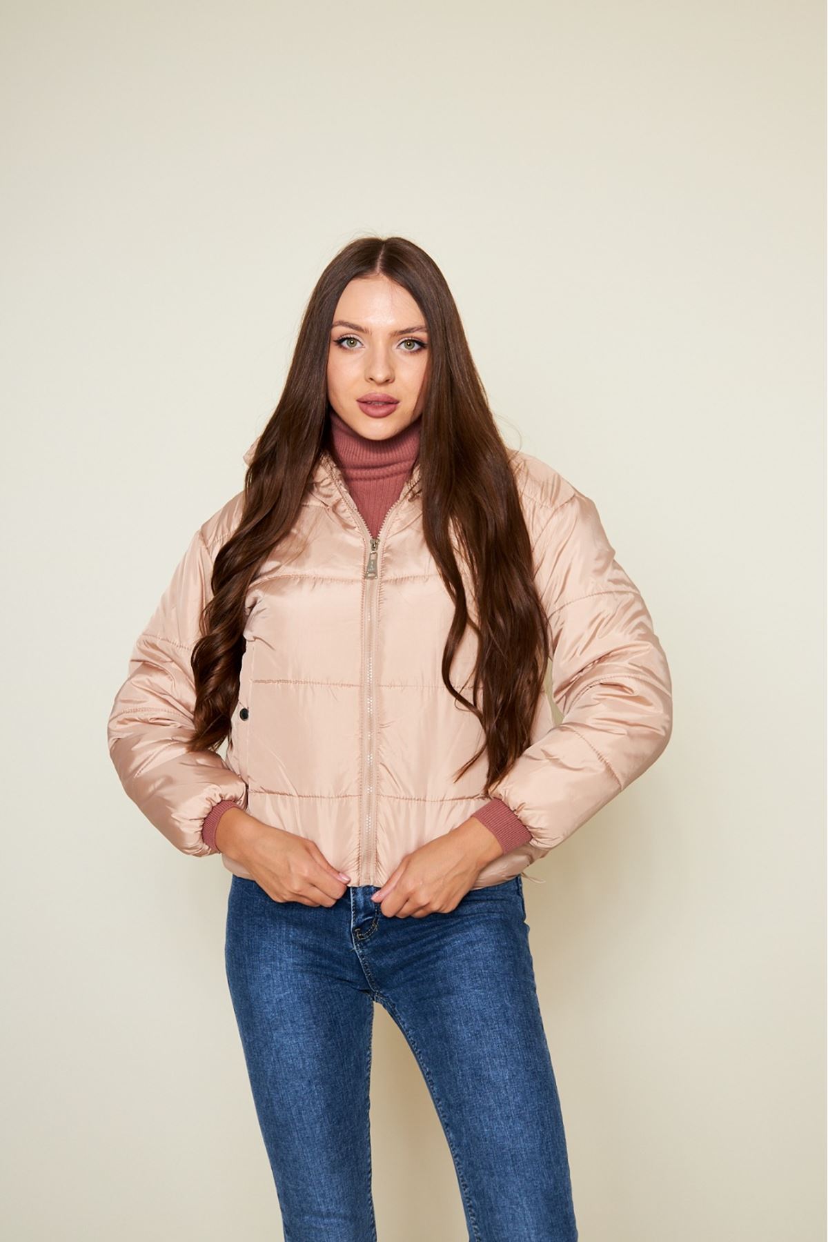 Kadın Kışlık Cepli Basic Kapüşonlu Pudra Şişme Mont