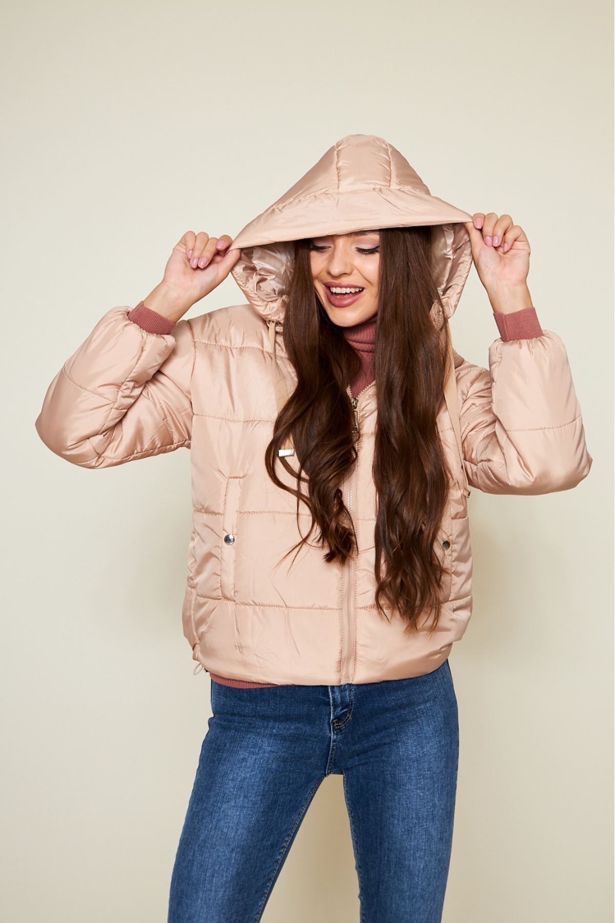 Kadın Kışlık Cepli Basic Kapüşonlu Pudra Şişme Mont