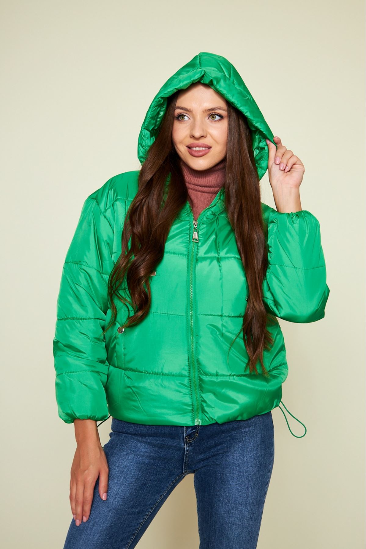 Kadın Kışlık Cepli Basic Kapüşonlu Zümrüt Şişme Mont