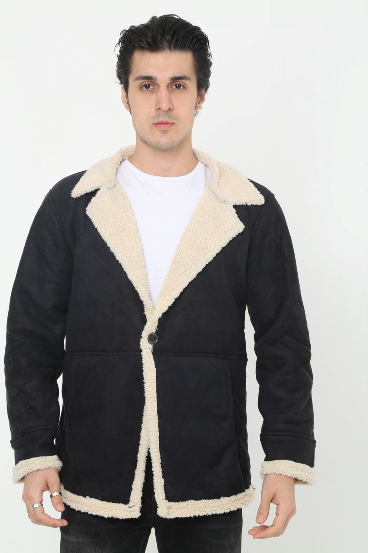 Erkek Kışlık Cepli Kruvaze Kürklü Siyah Süet Ceket