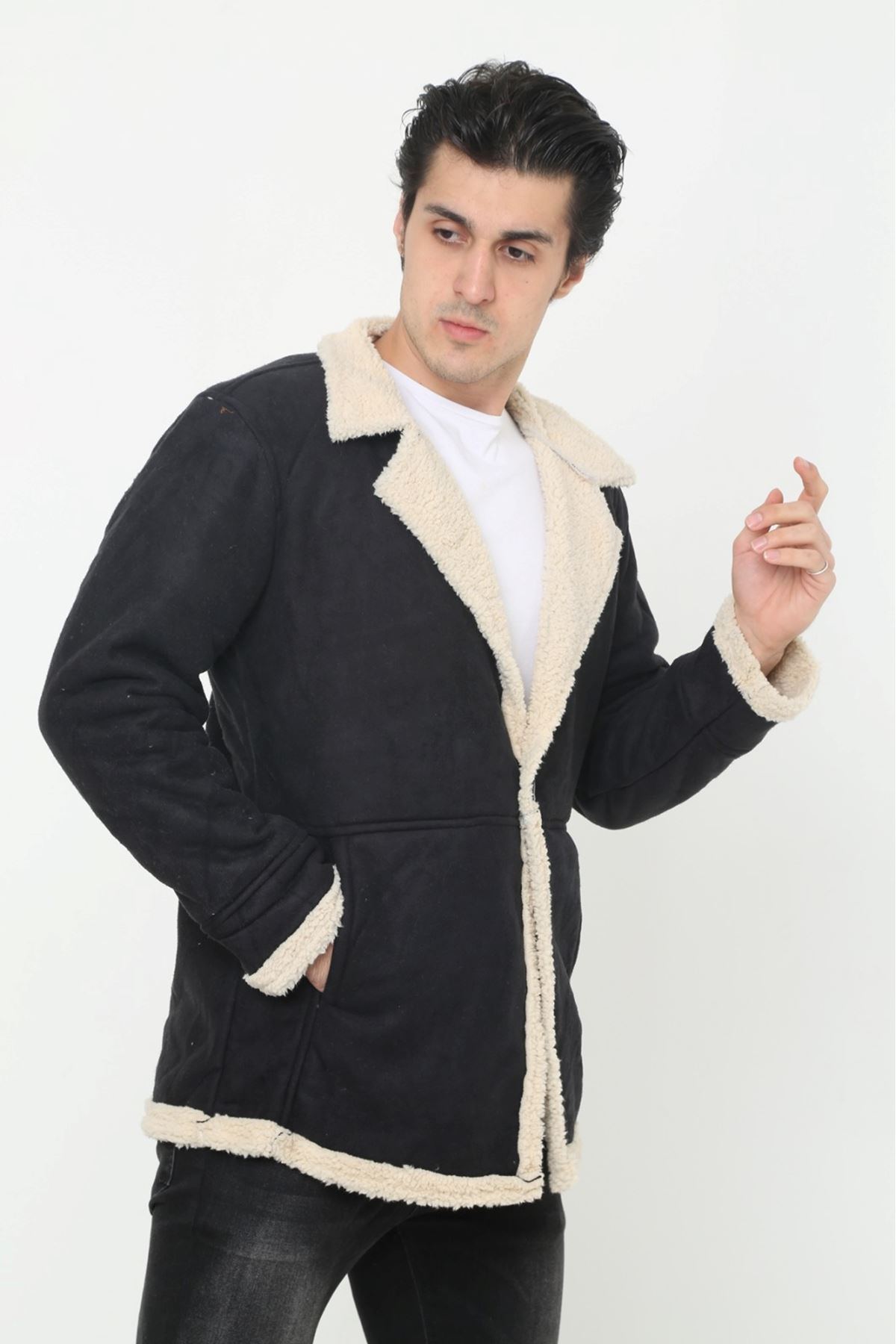 Erkek Kışlık Cepli Kruvaze Kürklü Siyah Süet Ceket