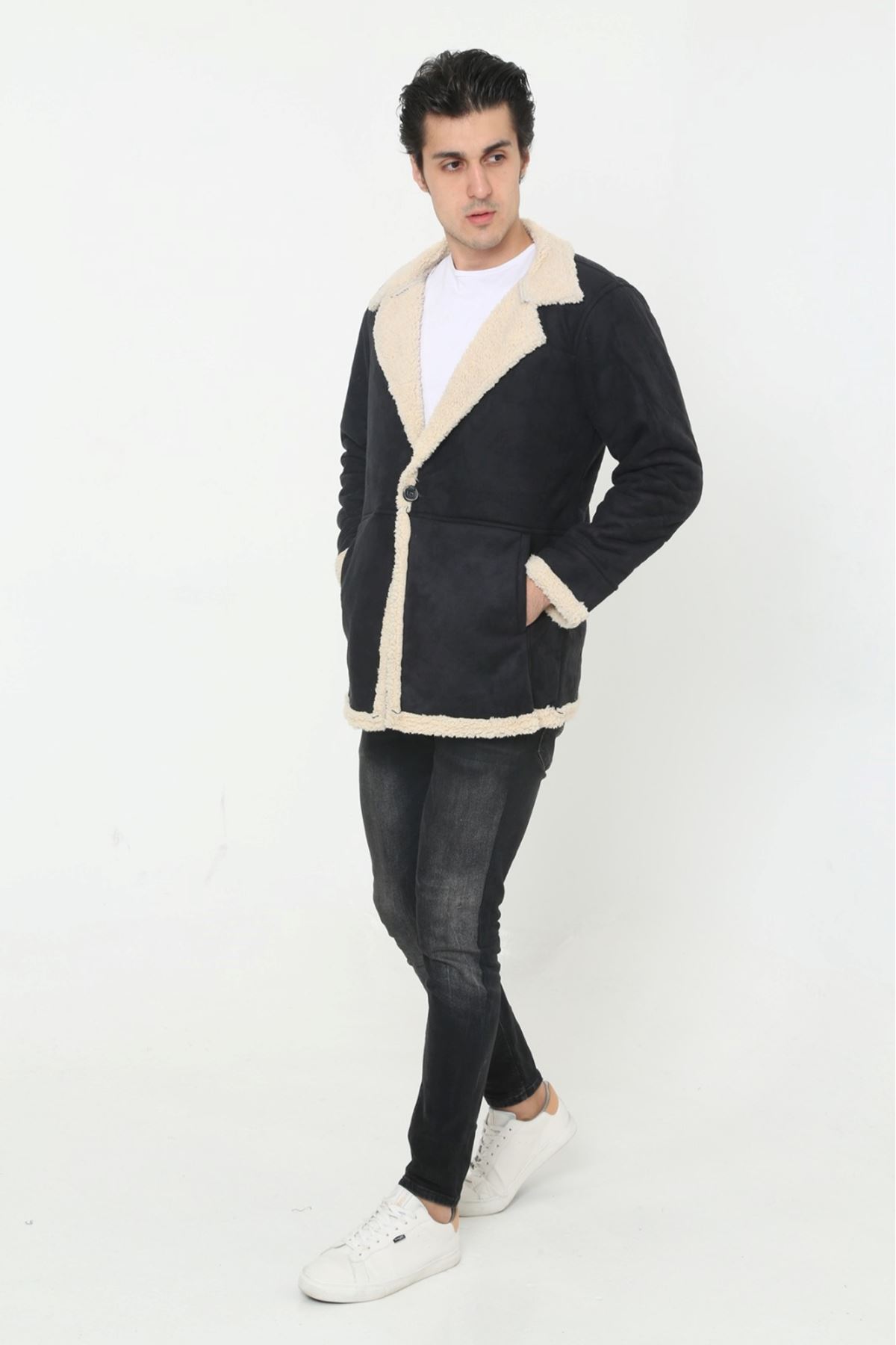 Erkek Kışlık Cepli Kruvaze Kürklü Siyah Süet Ceket