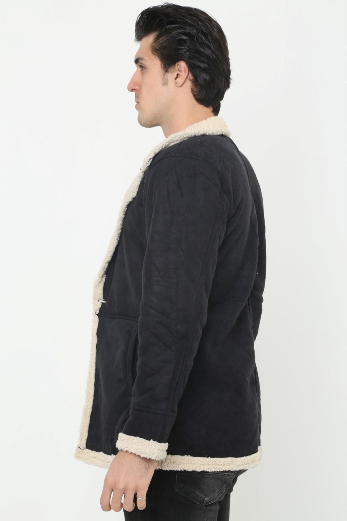 Erkek Kışlık Cepli Kruvaze Kürklü Siyah Süet Ceket