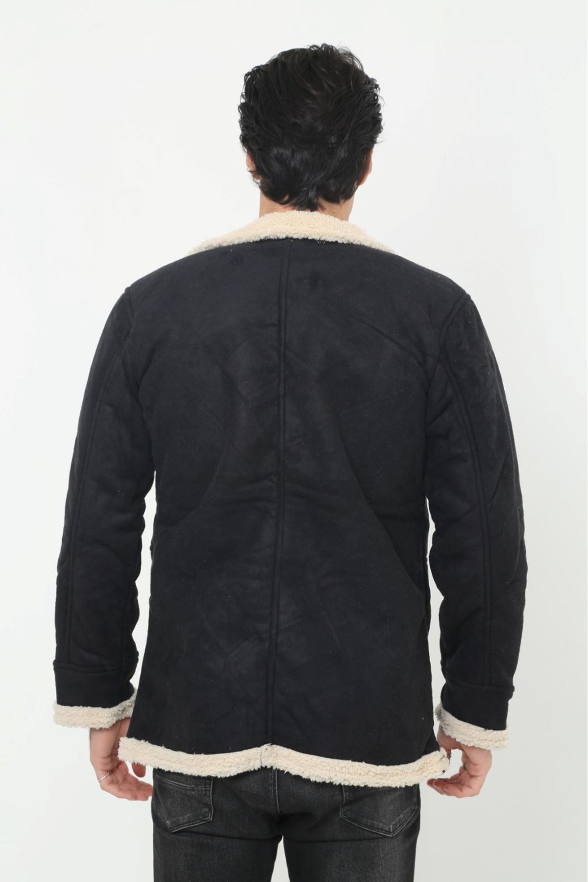 Erkek Kışlık Cepli Kruvaze Kürklü Siyah Süet Ceket