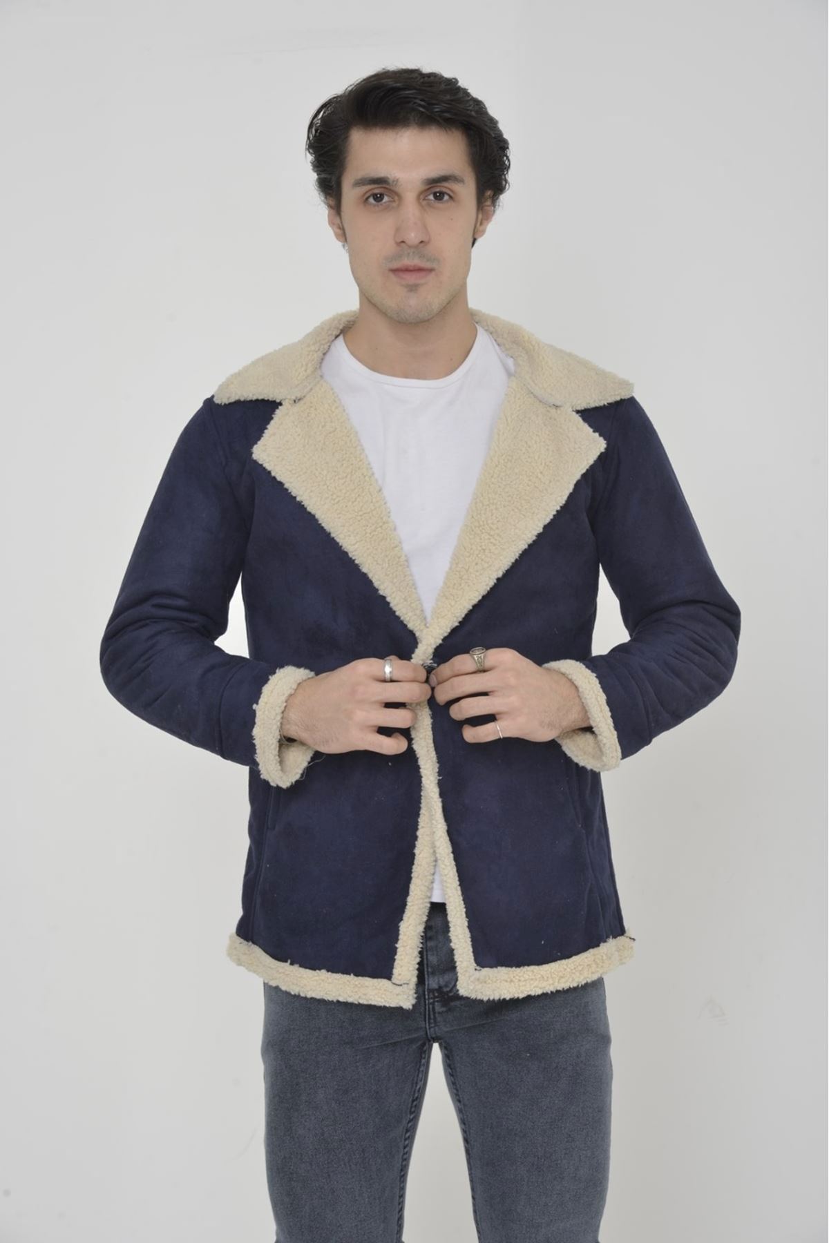 Erkek Kışlık Cepli Kruvaze Kürklü Lacivert Süet Ceket