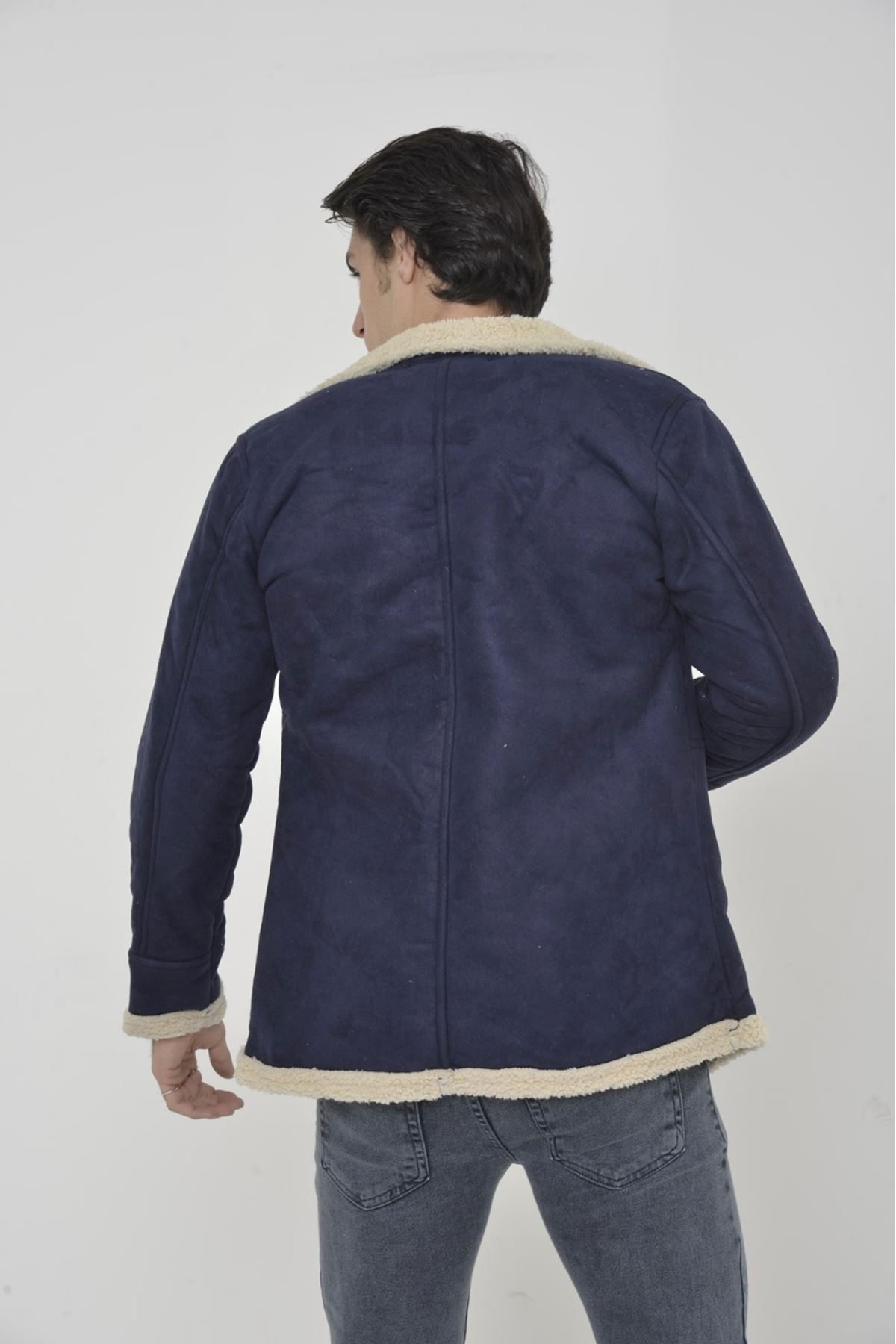 Erkek Kışlık Cepli Kruvaze Kürklü Lacivert Süet Ceket