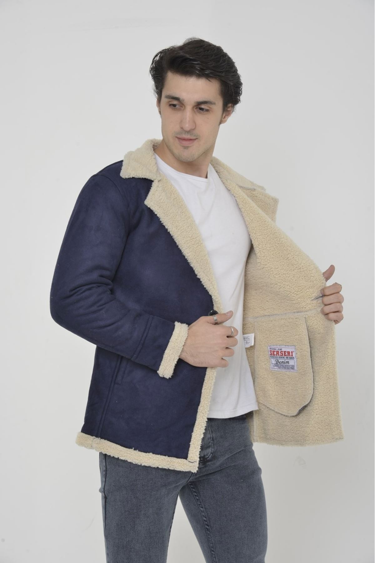 Erkek Kışlık Cepli Kruvaze Kürklü Lacivert Süet Ceket