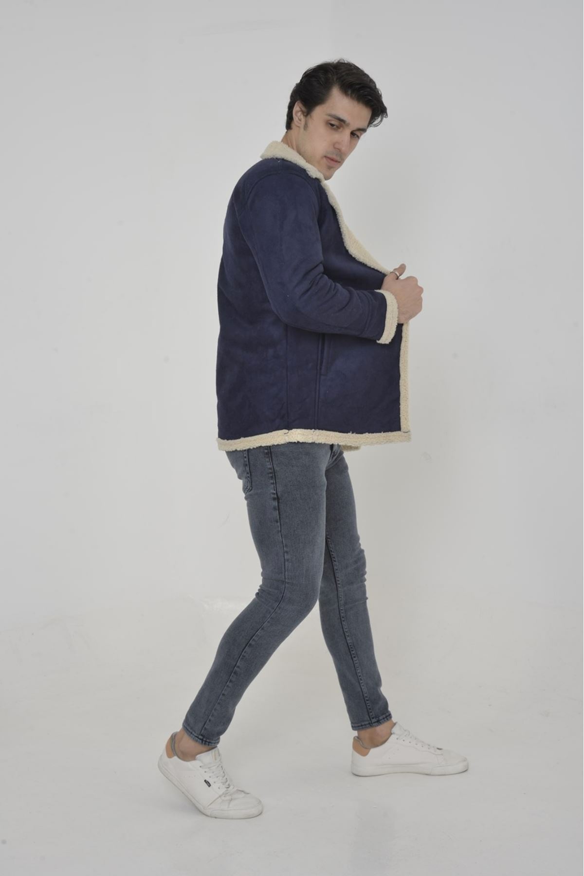 Erkek Kışlık Cepli Kruvaze Kürklü Lacivert Süet Ceket