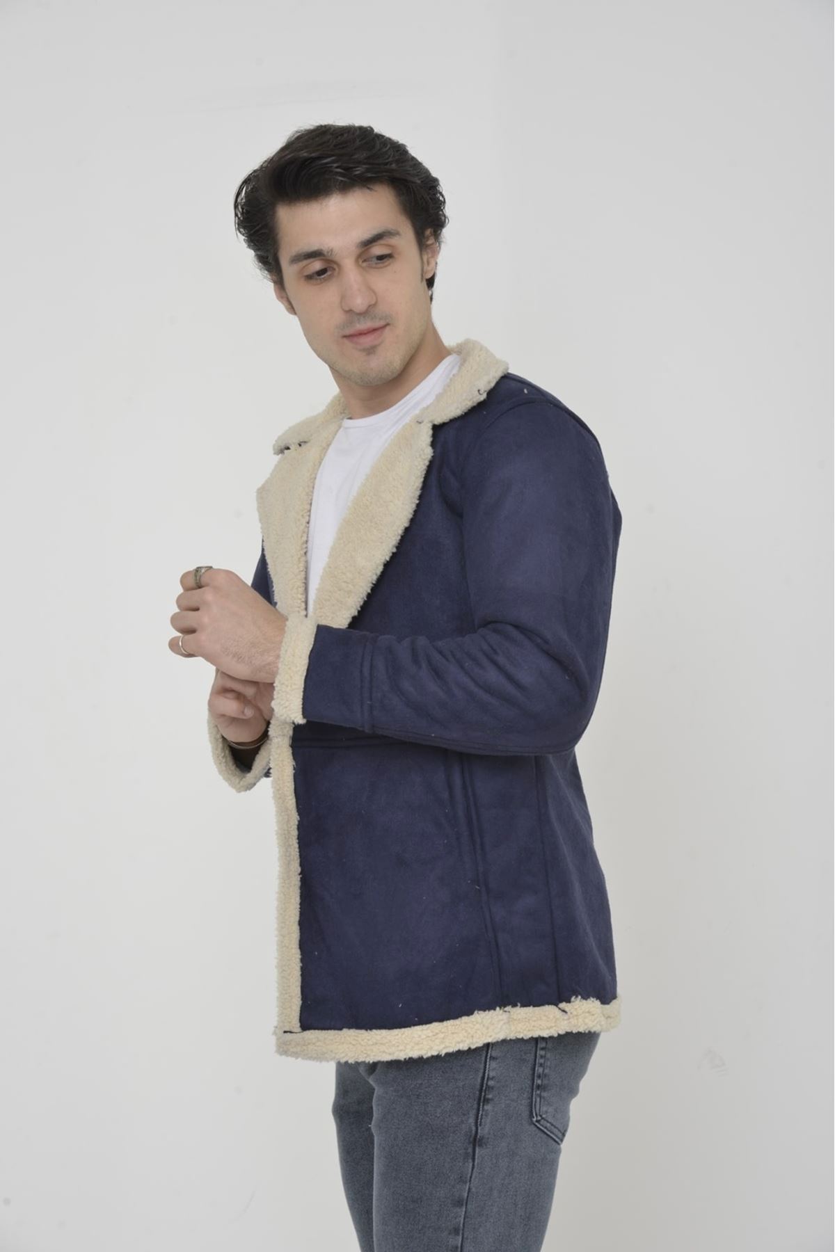 Erkek Kışlık Cepli Kruvaze Kürklü Lacivert Süet Ceket