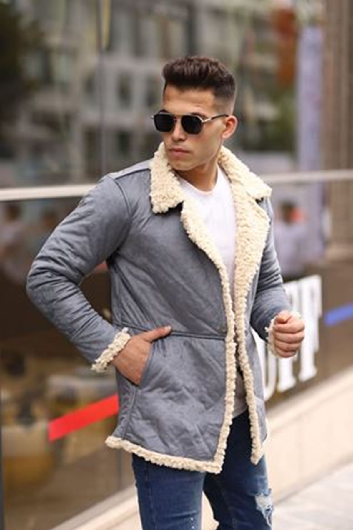 Erkek Kışlık Cepli Kruvaze Kürklü Gri Süet Ceket