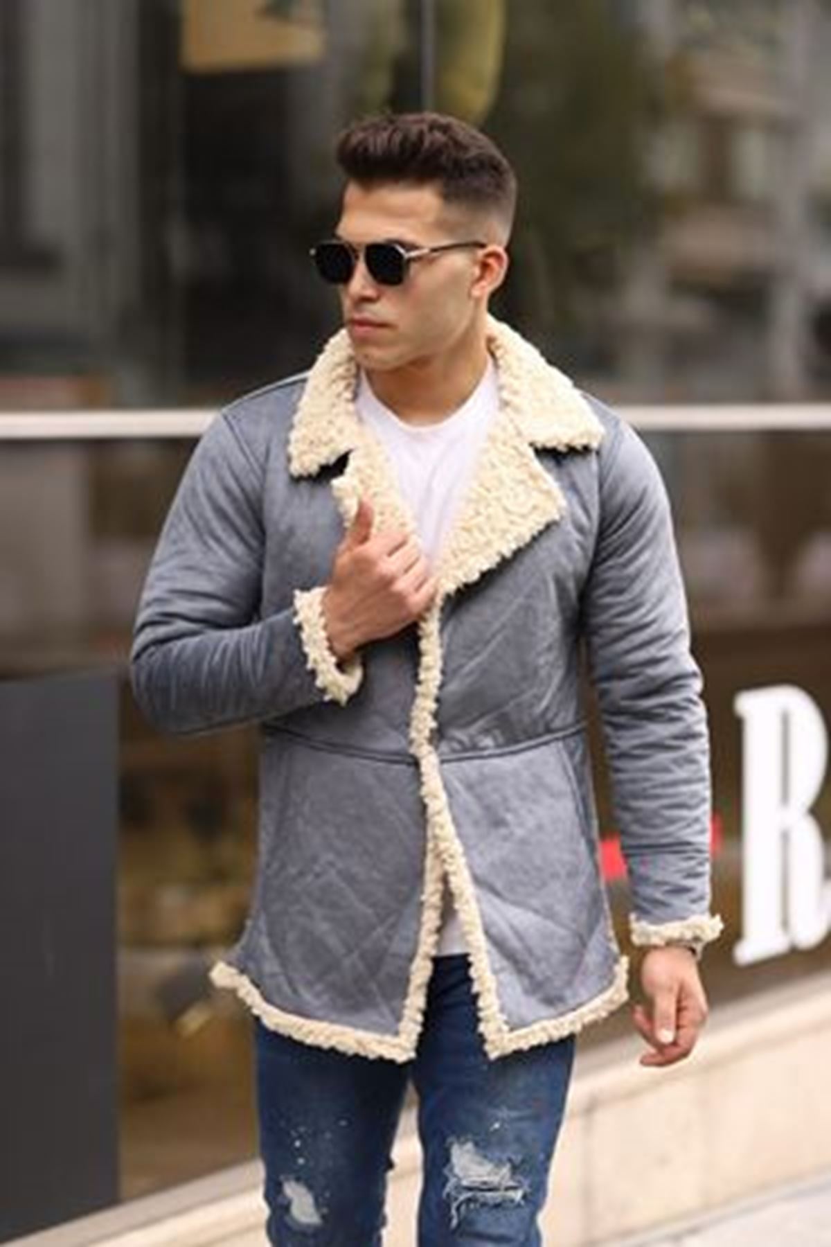 Erkek Kışlık Cepli Kruvaze Kürklü Gri Süet Ceket