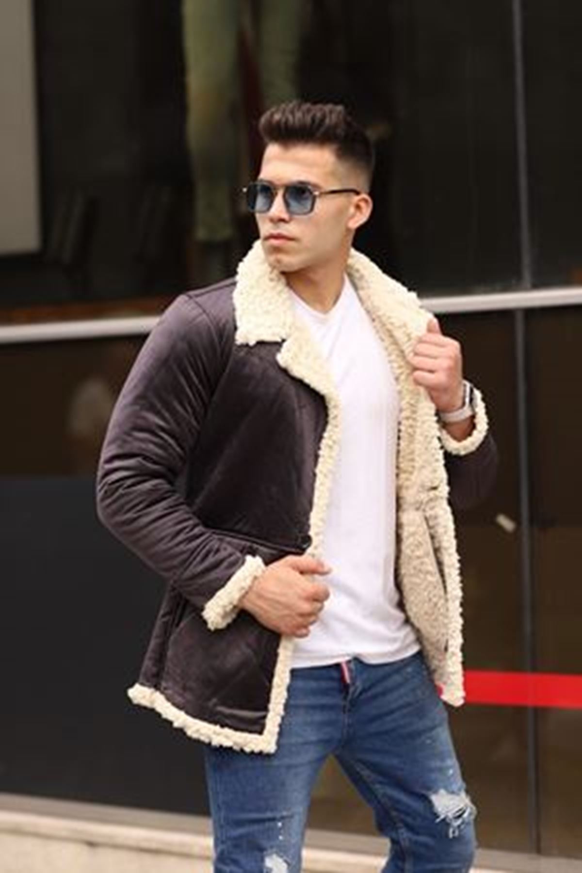 Erkek Kışlık Cepli Kruvaze Kürklü K.Kahve Süet Ceket