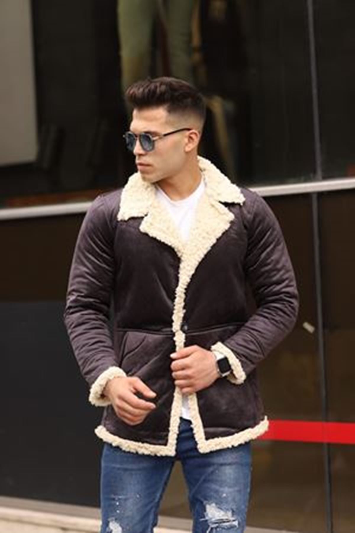 Erkek Kışlık Cepli Kruvaze Kürklü K.Kahve Süet Ceket