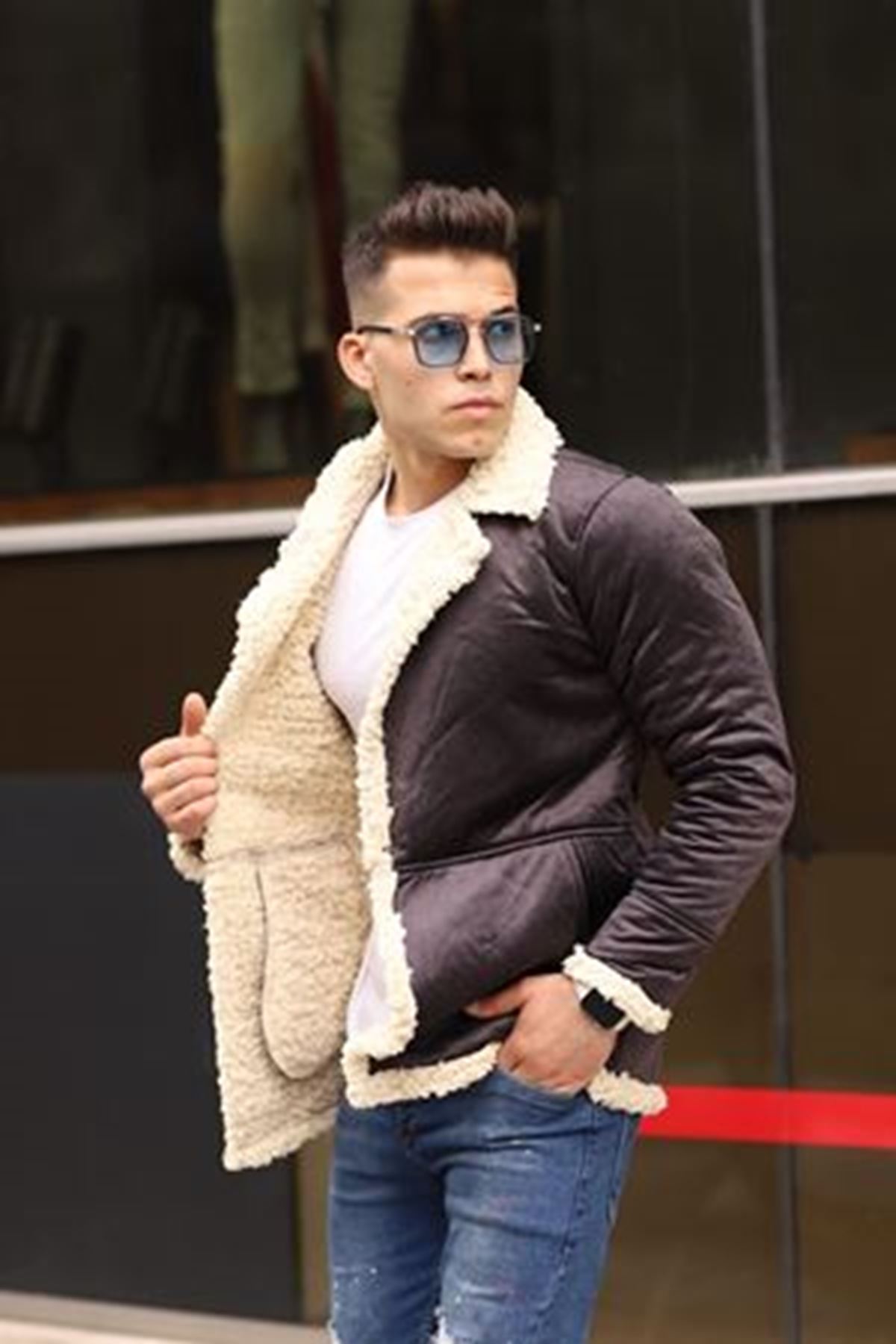 Erkek Kışlık Cepli Kruvaze Kürklü K.Kahve Süet Ceket