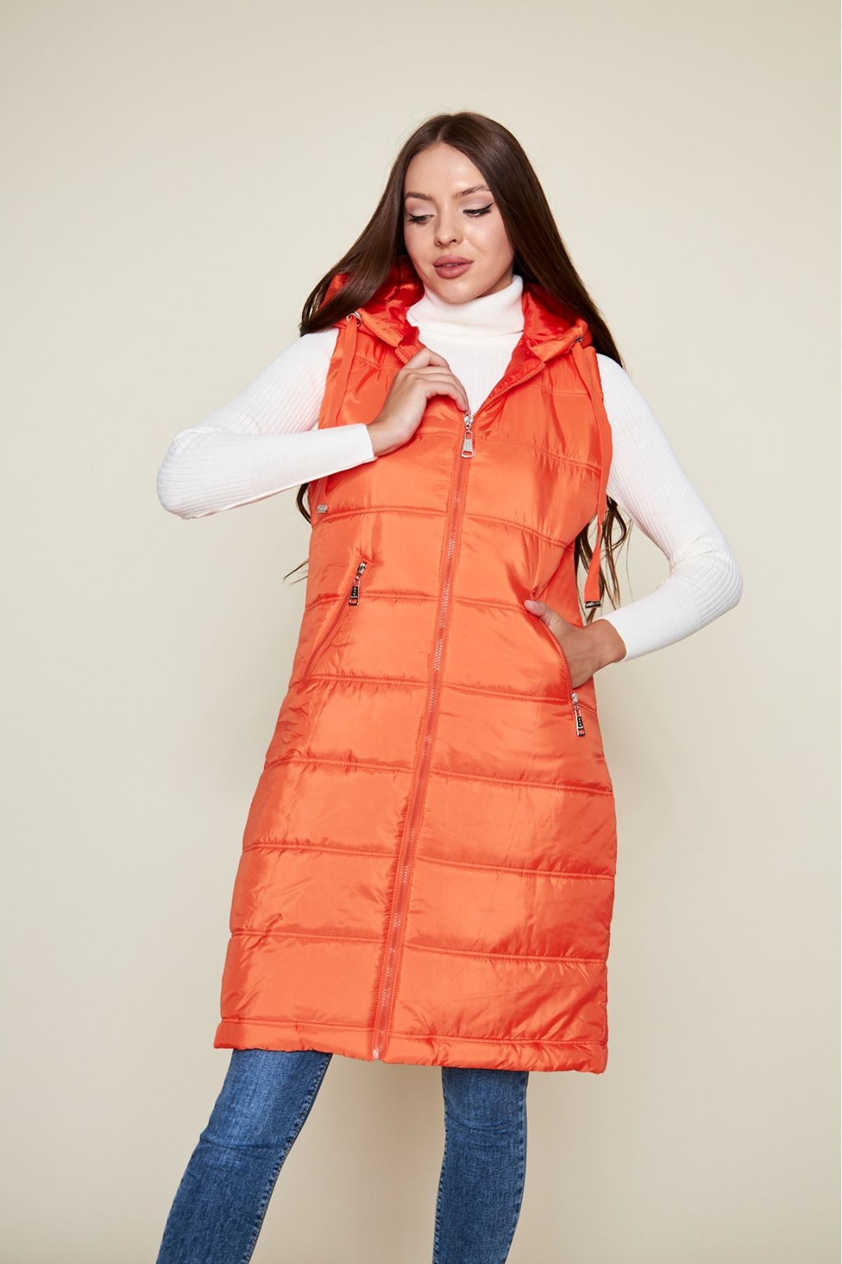 Kadın Kışlık Uzun Kapşonlu Kırmızı Kapitone Şişme Yelek