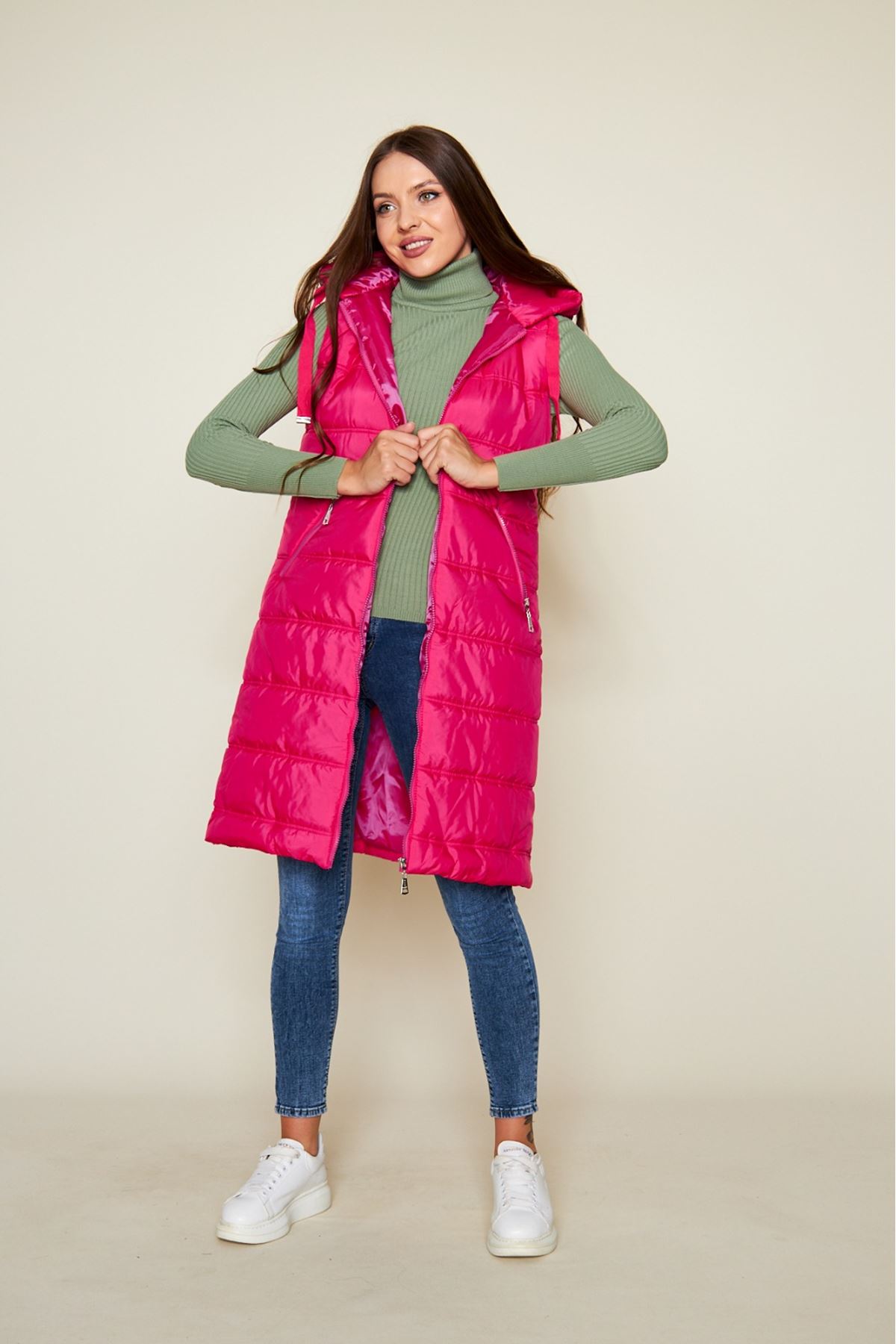Kadın Kışlık Uzun Kapşonlu Fuşya Kapitone Şişme Yelek