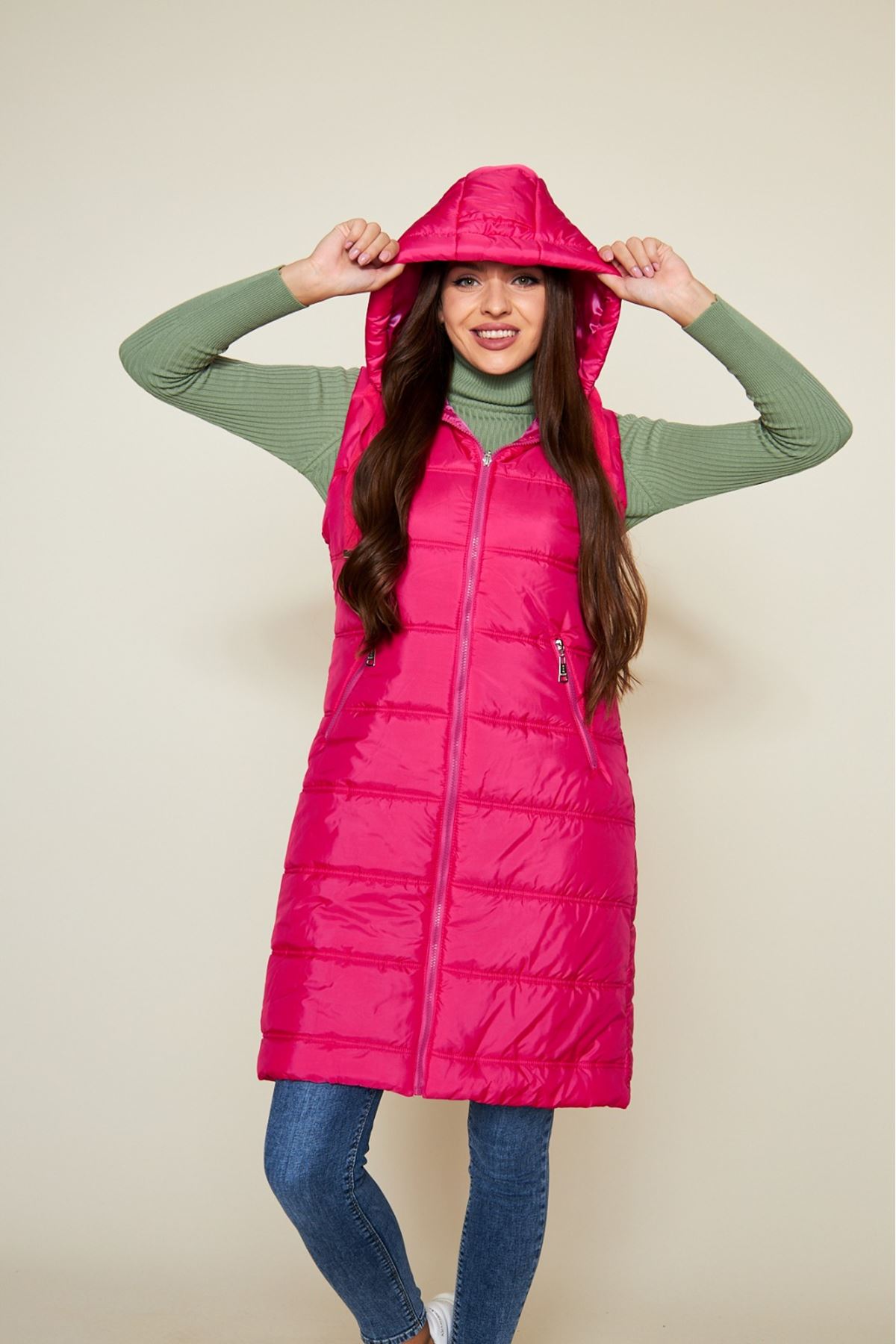 Kadın Kışlık Uzun Kapşonlu Fuşya Kapitone Şişme Yelek