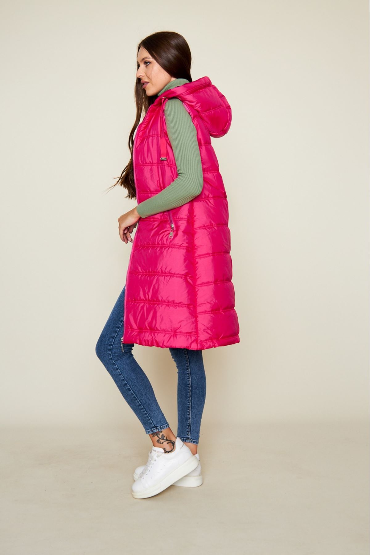 Kadın Kışlık Uzun Kapşonlu Fuşya Kapitone Şişme Yelek