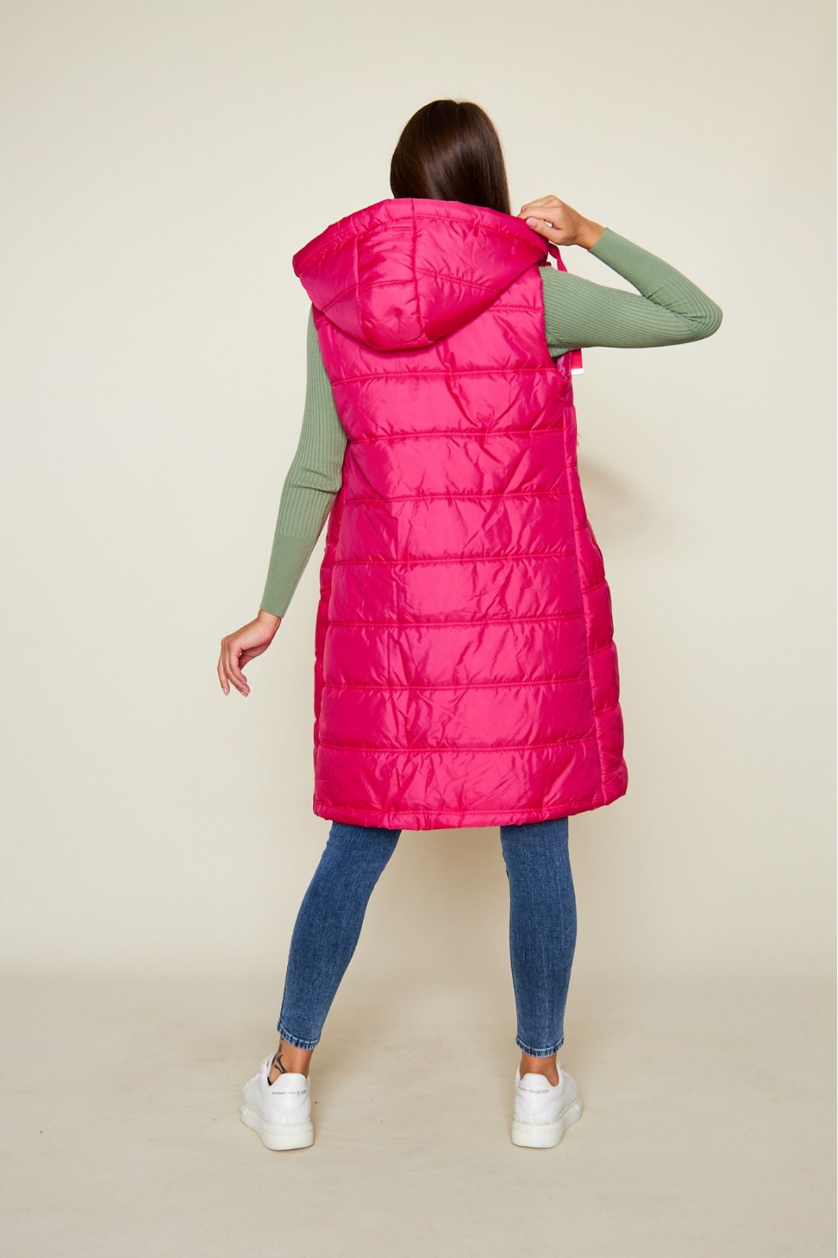 Kadın Kışlık Uzun Kapşonlu Fuşya Kapitone Şişme Yelek