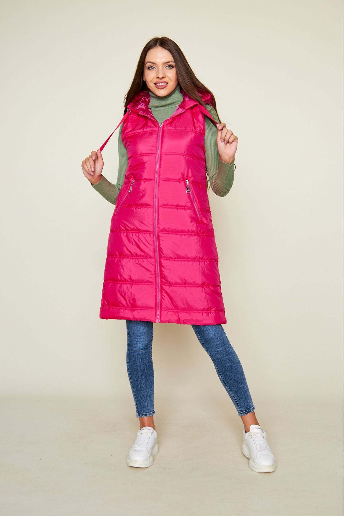 Kadın Kışlık Uzun Kapşonlu Fuşya Kapitone Şişme Yelek