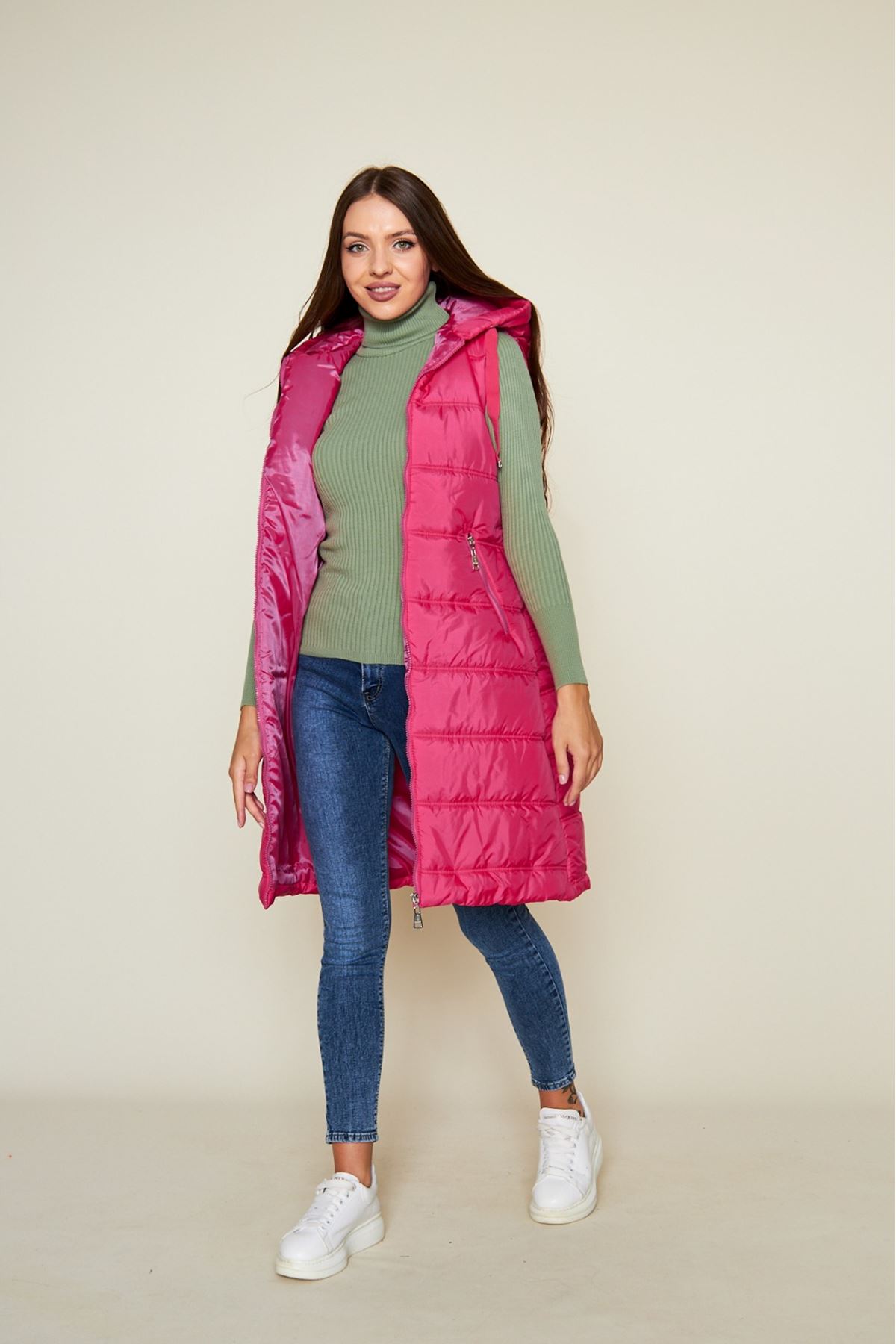 Kadın Kışlık Uzun Kapşonlu Fuşya Kapitone Şişme Yelek