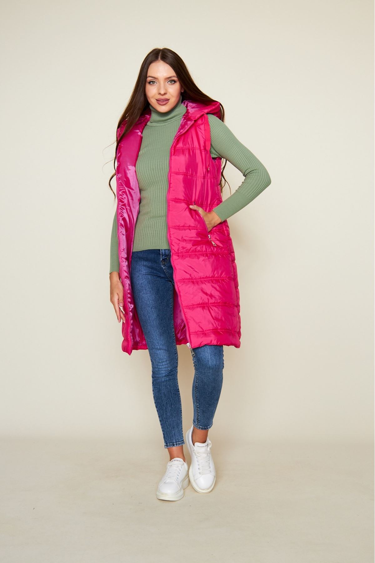 Kadın Kışlık Uzun Kapşonlu Fuşya Kapitone Şişme Yelek
