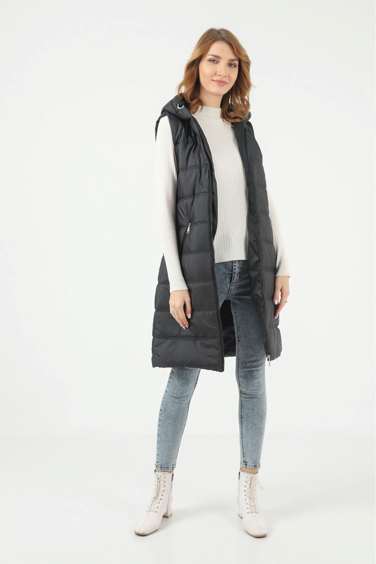 Kadın Uzun Kışlık Kapşonlu Siyah Kapitone Şişme Yelek