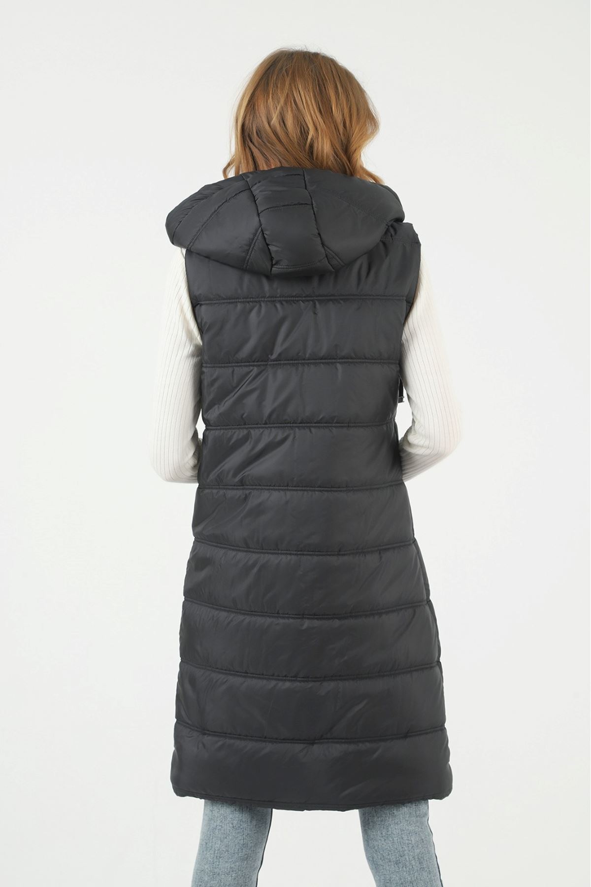 Kadın Uzun Kışlık Kapşonlu Siyah Kapitone Şişme Yelek