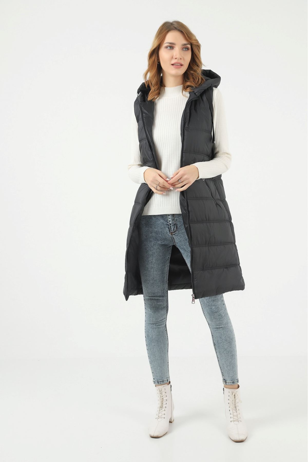 Kadın Uzun Kışlık Kapşonlu Siyah Kapitone Şişme Yelek