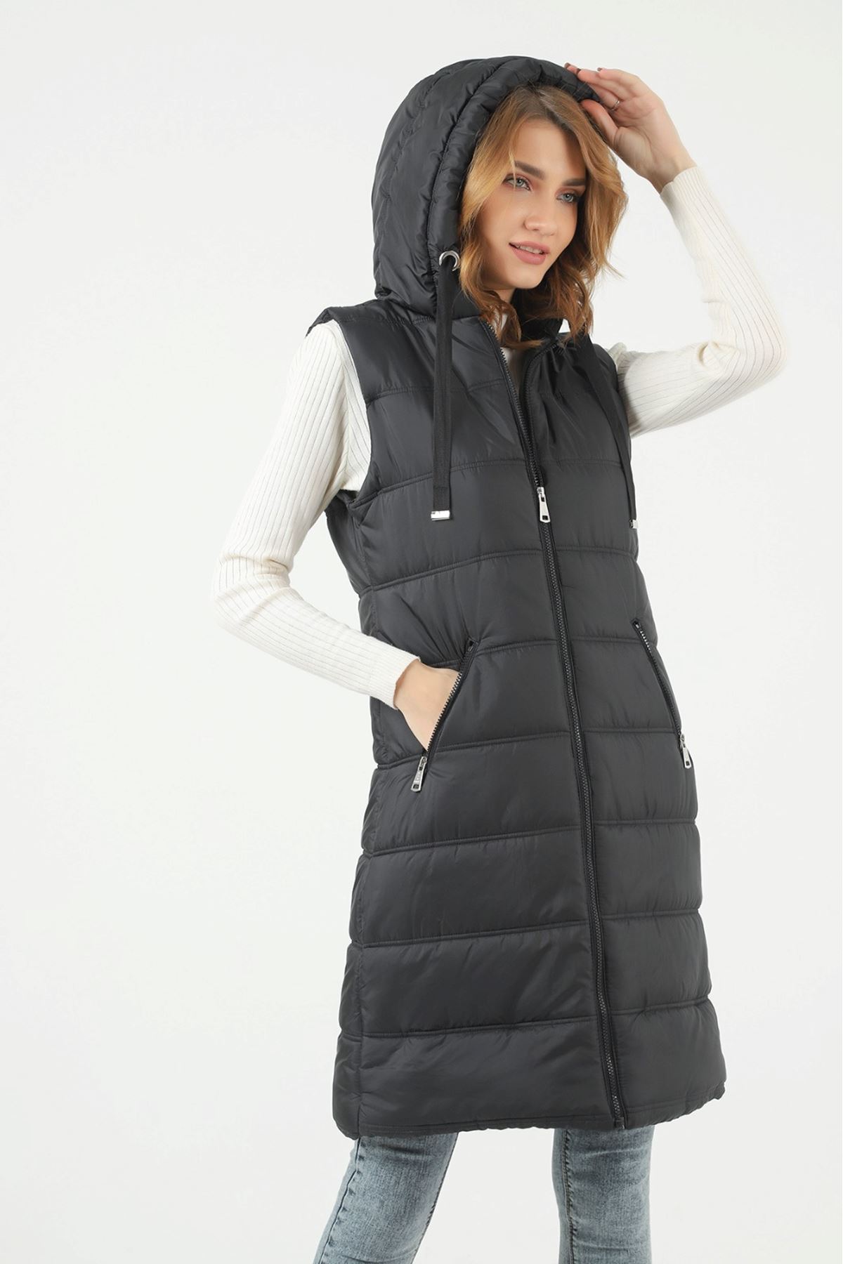 Kadın Uzun Kışlık Kapşonlu Siyah Kapitone Şişme Yelek