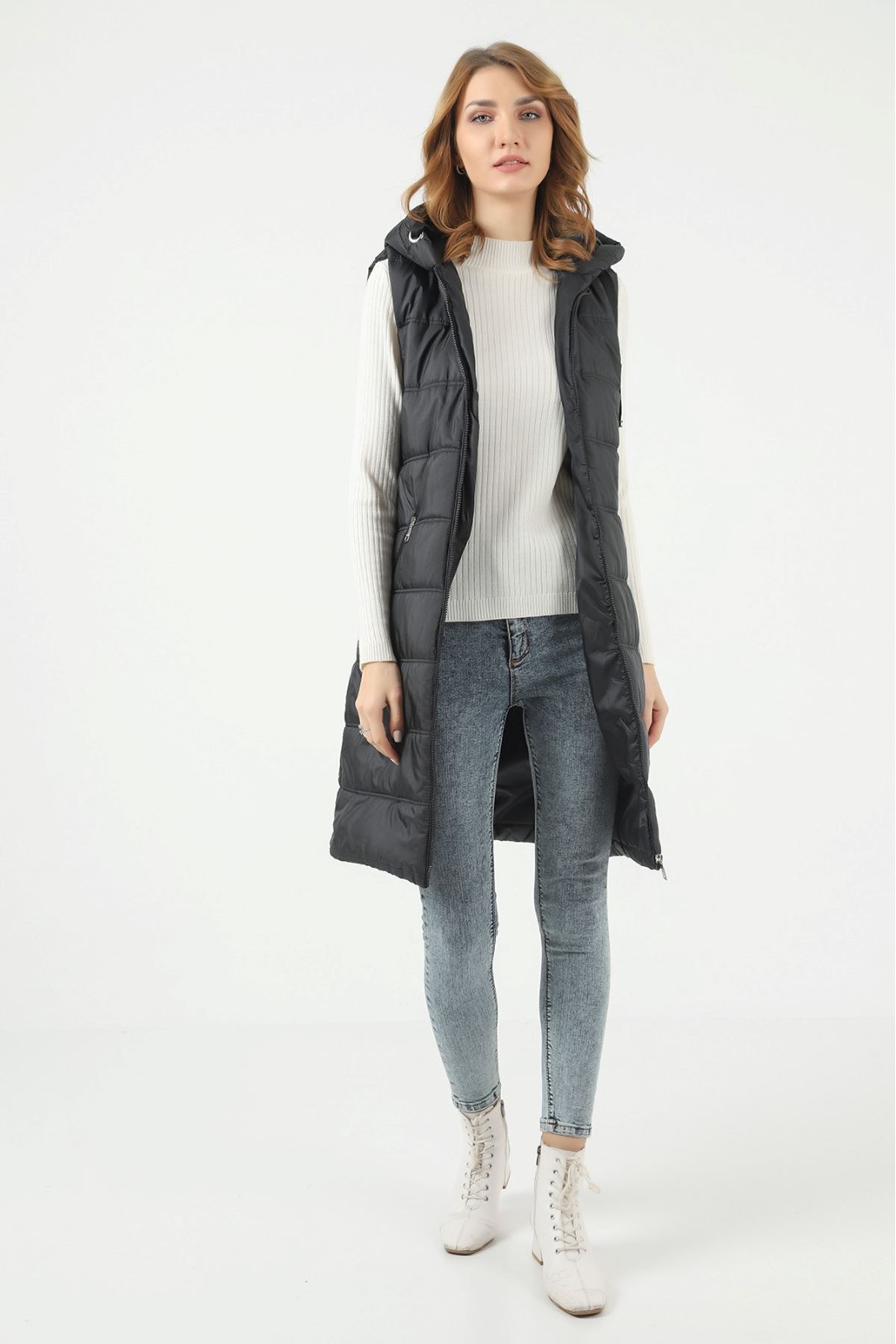 Kadın Uzun Kışlık Kapşonlu Siyah Kapitone Şişme Yelek