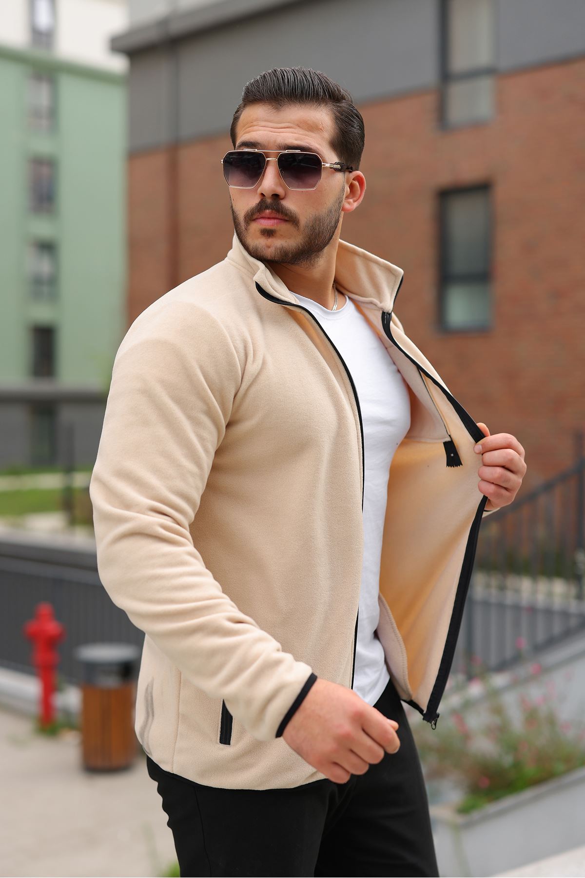 Erkek Kışlık Trend Fermuarlı Cepli Krem Polar Hırka