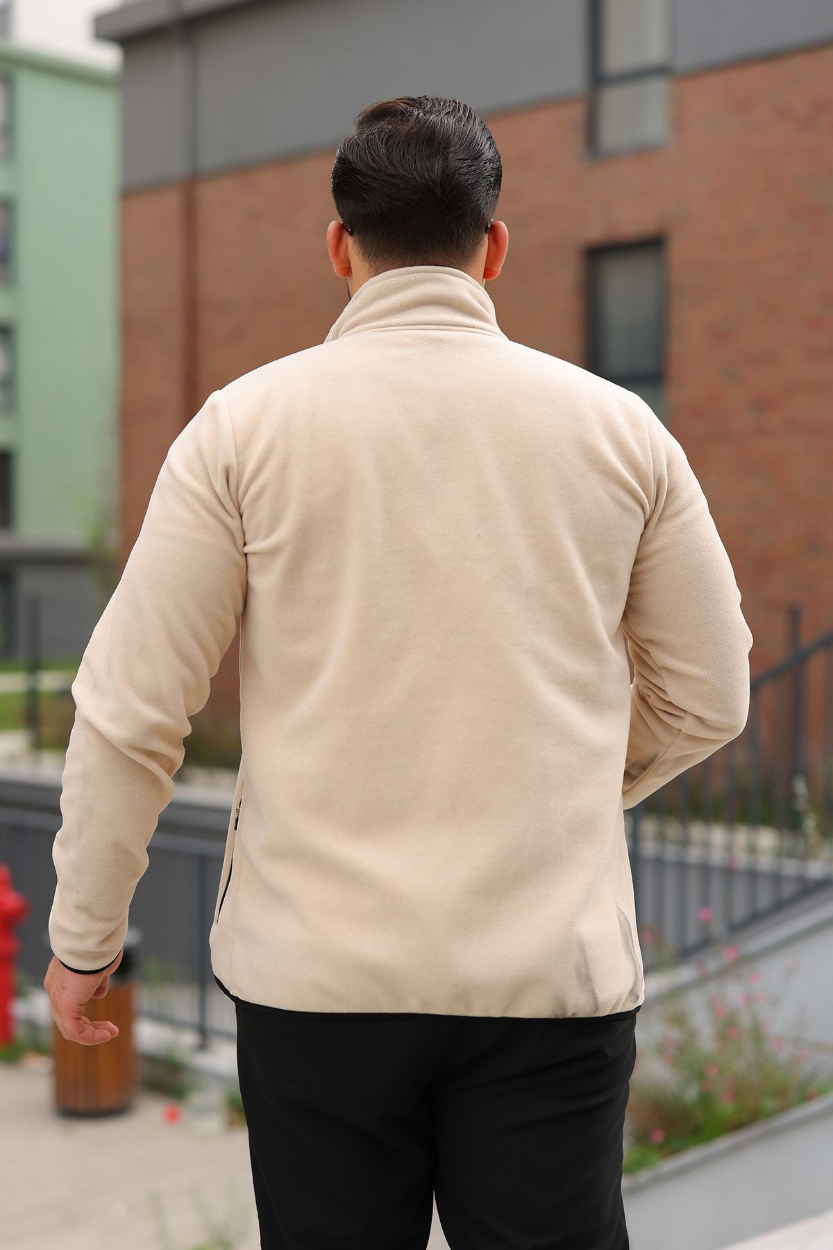 Erkek Kışlık Trend Fermuarlı Cepli Krem Polar Hırka