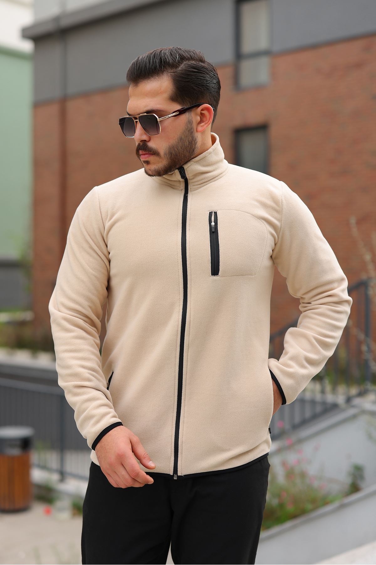 Erkek Kışlık Trend Fermuarlı Cepli Krem Polar Hırka