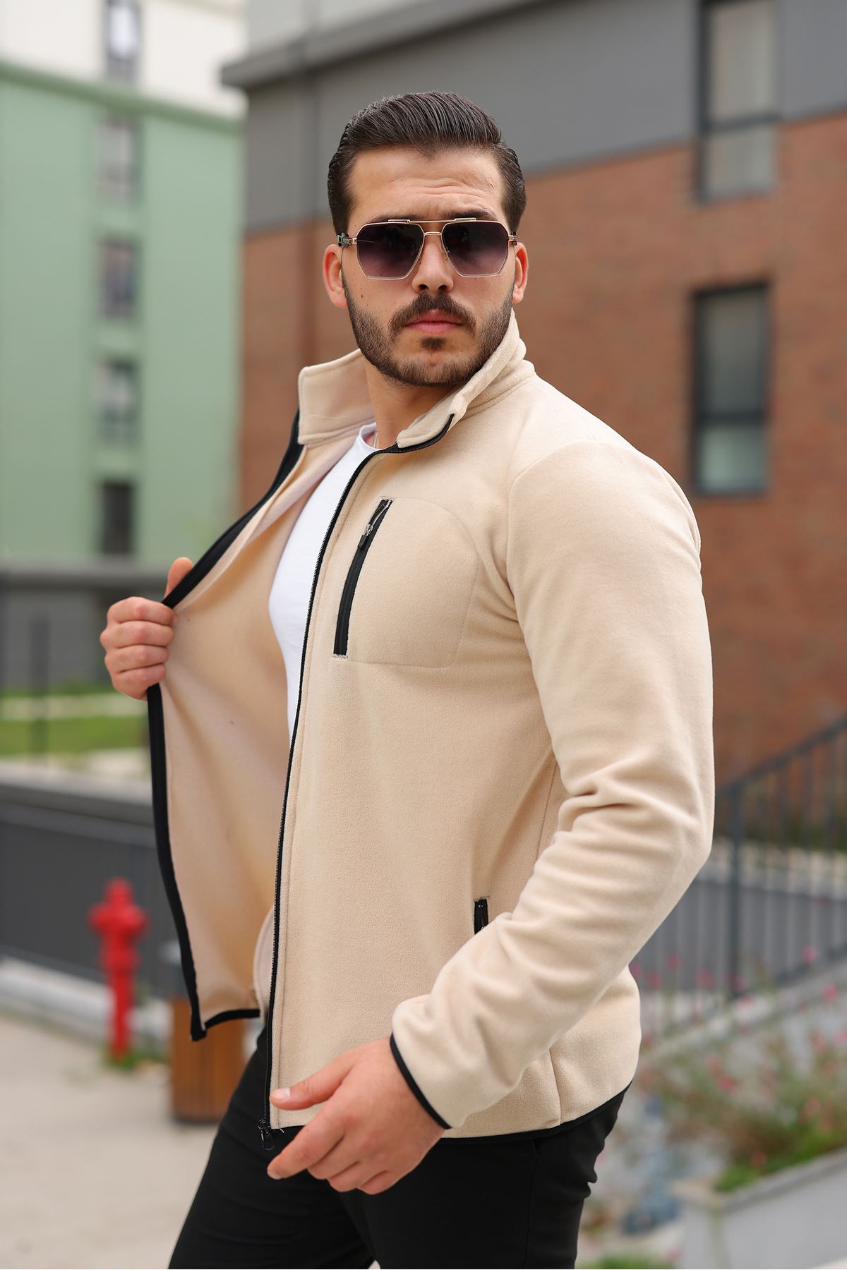 Erkek Kışlık Trend Fermuarlı Cepli Krem Polar Hırka